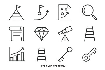 Fototapeta premium Pyramid Strategy Icons. Pyramid strategy. Line icon set of pyramid strategy: layered triangle, goal flag, milestone dot, arrow upward, planning sheet, focus