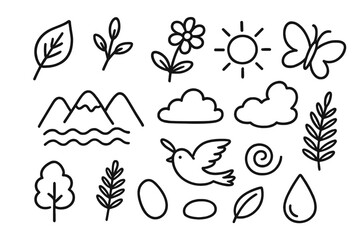 Nature-Inspired Design Icons. Sacred Fortitude banner, flat vector illustration, bold oversized text inside sticker outline, cartoon characters sitting and