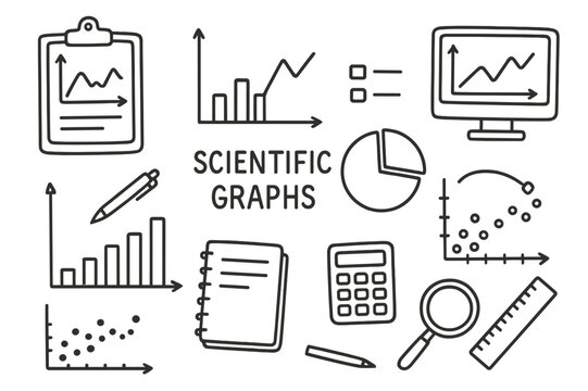 Hand-drawn Scientific Charts. Scientific Graphs. Hand-drawn doodle illustration Scientific Graphs line graph, bar chart, scatter plot, pie chart, axes, trend