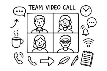 Fototapeta premium Virtual Meeting Doodles. Team video call. Hand-drawn doodle illustration team video call screen grid, webcam, headset, smiley faces, speech bubbles, clock,