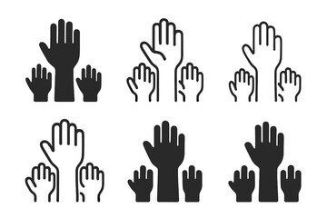 Fototapeta premium Diverse Crowd Icons. Crowd behavior. Set Logo of crowd behavior: raised hands requesting attention. Icon set. harmonious logo variations of the same emblematic