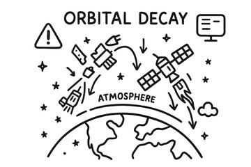Orbital Decay Doodle. Orbital decay. Hand-drawn doodle illustration orbital decay Earth, debris trajectory, falling satellite, heat trail, broken rocket,