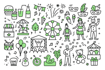 Carnival Celebration Doodle. Festival and carnival celebrations. Hand-drawn doodle illustration Festival and carnival celebrations, festival food, colored