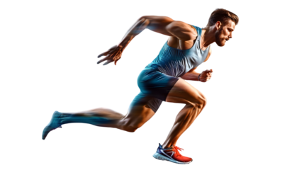 Determined male athlete in running position isolated on transparent background, showcasing strength and speed in motion
