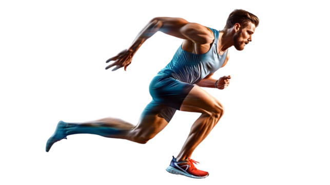 Determined male athlete in running position isolated on transparent background, showcasing strength and speed in motion