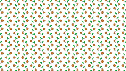 Whimsical pattern of small brown seeds and green leaves on a white background, creating a cheerful and organic texture.