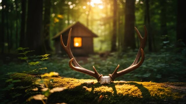 Deer antler shedding on mossy log with cabin in forest at golden hour, hunt season footage