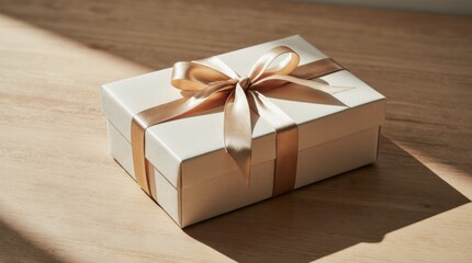A stylishly wrapped gift on a wooden surface, perfect for birthday celebrations and special occasions.
