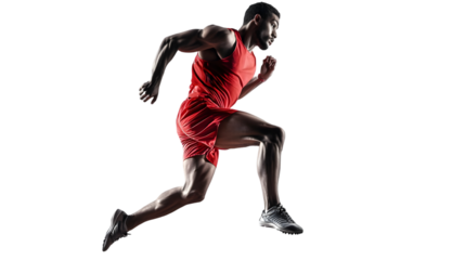Focused male runner in red sportswear isolated on transparent background, demonstrating speed and athletic prowess