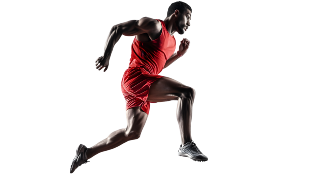 Focused male runner in red sportswear isolated on transparent background, demonstrating speed and athletic prowess