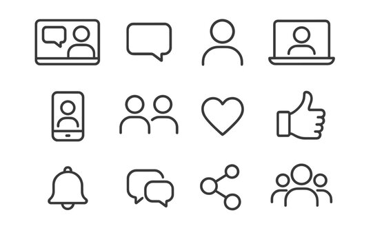 Virtual Socializing Icons. Virtual socializing. Line outline icon set of virtual socializing: video call, chat