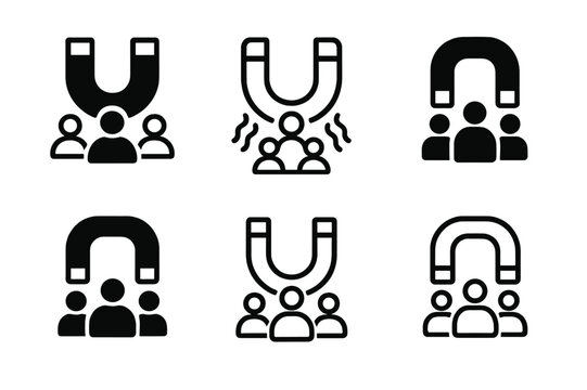 Marketing Logo Variations. Audience in marketing. Set Logo of Audience in marketing: magnet attracting user symbols. Icon set. harmonious logo variations of