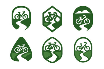 Obraz premium Rural Cycling Logos. Rural cycling path. Set Logo of Rural cycling path: bicycle on country lane. harmonious logo variations of the same emblematic concept,