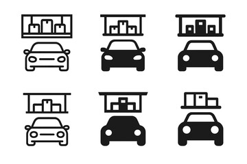 Garage Storage Logos. Using overhead storage racks in the garage. Set Logo of Using overhead storage racks in the garage: grid shelf above a parked car outline
