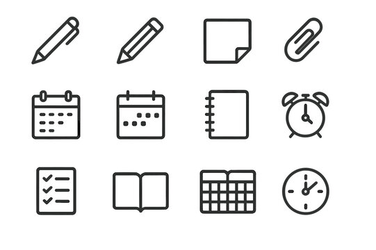 Planner Essentials Icons. Planner accessories. Line outline icon set of planner accessories: pen, pencil,