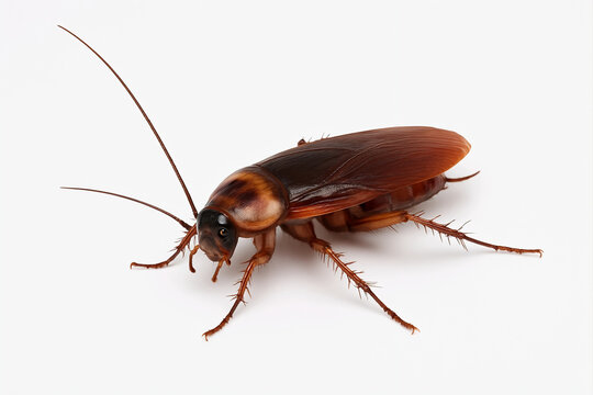 Realistic close-up of a brown cockroach on a clean white studio background
