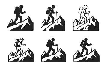 Trekking Logo Variations. Trekking in remote and unexplored areas. Set Logo of Trekking in remote and unexplored areas: glacier traverse with trekking poles.