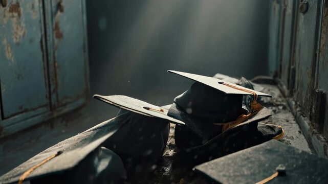 A pile of abandoned graduation caps lies covered in dust and light beams inside an old locker room, symbolizing forgotten achievements.