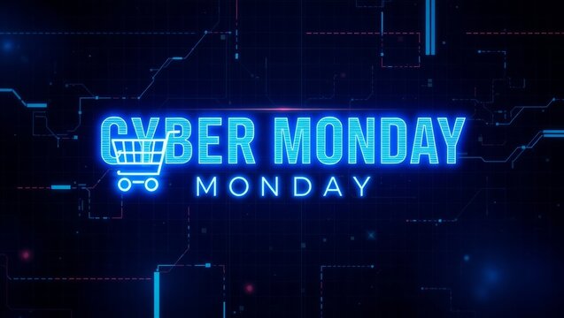 Cyber Monday neon sale promotion with shopping cart