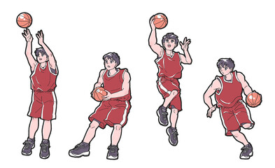 バスケットボールをする赤いウェアの男子選手のポーズ4種のイラストセット