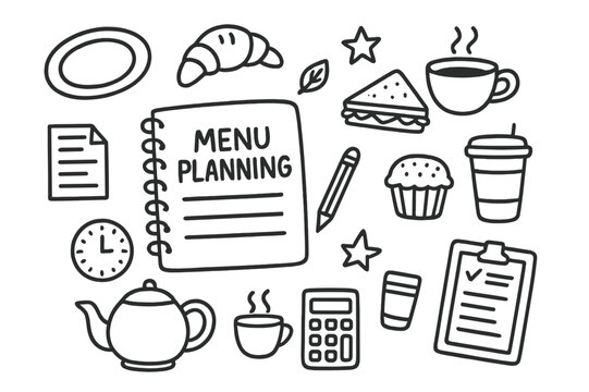 Menu Planning Doodles. Menu planning. Hand-drawn doodle illustration Menu planning notebook, pencil, croissant, sandwich, coffee cup, muffin, tea pot, plate,