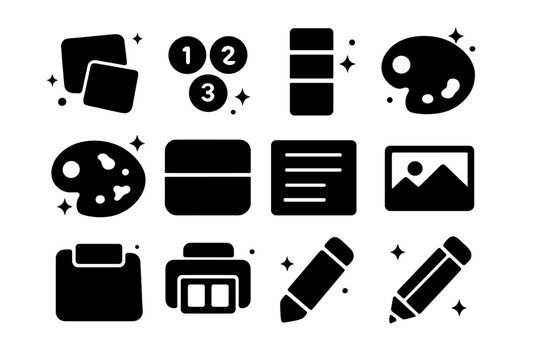 Palette Icon Symmetry. Palette organization and labeling. Solid icons set of Palette organization and labeling: label stickers, numbering dots, swatch strip,