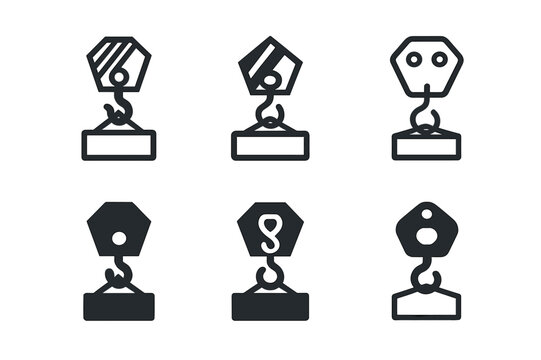 Industrial Logo Variations. Material handling at industrial sites. Set Logo of Material handling at industrial sites: Overhead crane hook lifting load. Icon