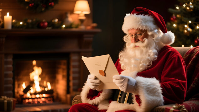 Santa reading letters by the fireplace warm cinematic tone and soft lighting