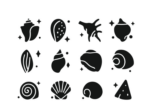 Tropical Shell Icons. Tropical Shells. Solid icons set of Tropical Shells: queen conch, tiger cowrie, triton trumpet, spider conch, harp shell, mitre shell,