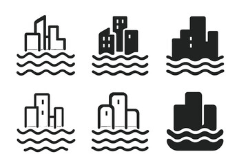 Obraz premium Flooded Skyline Logos. Climate change effects. Set Logo of Climate change effects: flooded city skyline with rising water. Icon set. harmonious logo variations