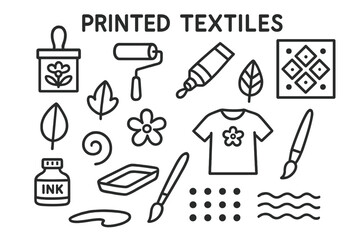 Textile Design Elements. Printed textiles. Hand-drawn doodle illustration printed textiles stamp, roller, paint tube, pattern stencil, leaf shape, flower,