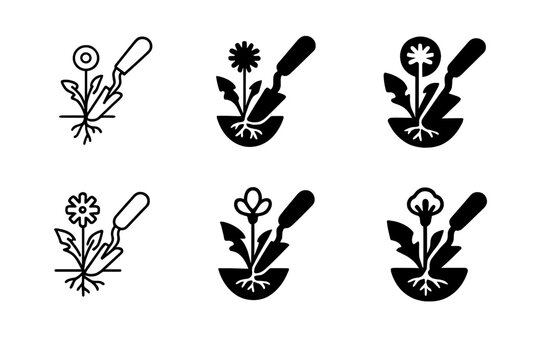 Pulling Weeds Logo Variations. Pulling weeds. Set Logo of Pulling weeds: hand trowel uprooting dandelion. Icon set. harmonious logo variations of the same