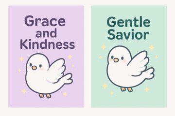 Kawaii Dove Banners. Grace. Two vertical A6 banners with safe margins, centered composition, no elements touching edges, kawaii, lilac and mint, smiling dove,
