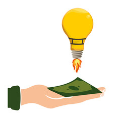 Hand holding money dollar with light bulb jetpack flying high set vector illustration design