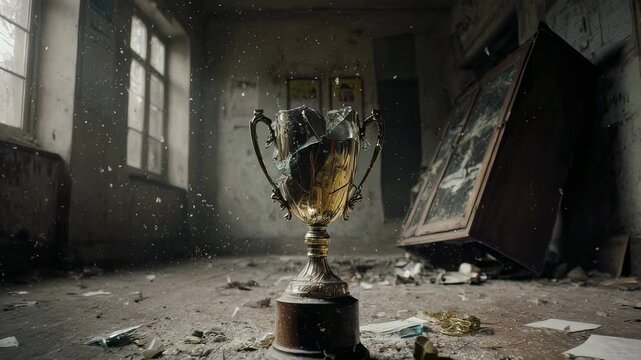 A dusty trophy stands amid broken glass and debris in an abandoned room, sunlight filtering through cracked windows.