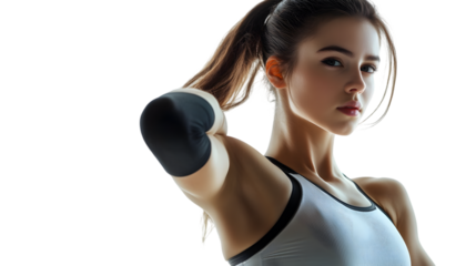 Attractive young woman in sportswear posing isolated on transparent background with confident expression