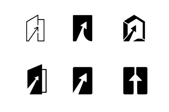 Opportunity Emblem Logos. Creating opportunities. Set Logo of Creating opportunities: open doorway with rising arrow. harmonious logo variations of the same
