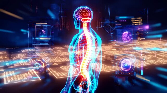 頭から腰までの脊椎を強調した人体イメージ、医療・教育