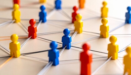 Colorful figurine grid network with connecting lines on flat surface