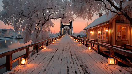 A snowy bridge illuminated by lanterns at dusk with a building and trees covered in frost nearby