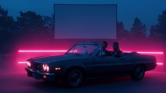 A couple enjoying a nostalgic drive-in movie experience in a classic convertible under neon lights