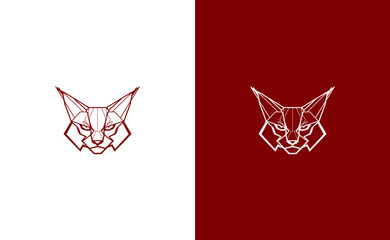 Geometric lynx head logo design on red and white backgrounds © audia