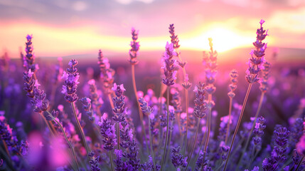 Fototapeta premium A lavender field at dusk, where the last light of the sun gently fades, filling the air with calm, color, and a touch of evening magic.