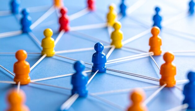Colorful figurine network on blue surface with white connecting lines