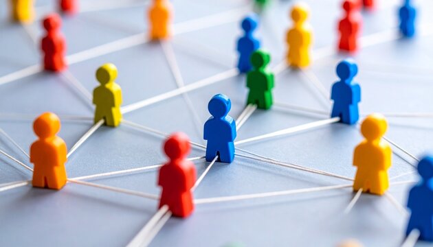 Colorful figurine network on blue surface with white connecting lines
