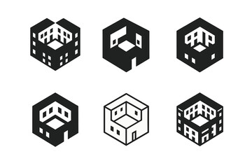 Urban Design Logo Variations. Barriers and solutions in urban design. Set Logo of Barriers and solutions in urban design: modular housing block with open