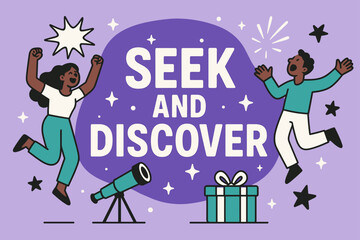 Obraz premium Discover Adventure Banner. Seek and discover banner, flat vector illustration, bold oversized text inside rounded blob, cartoon characters shouting and