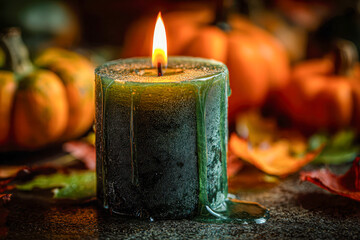 Green candle melting with warm glowing flame surrounded by autumn pumpkins and colorful fall leaves creating a cozy seasonal ambiance