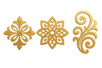 Golden ornate decorative elements set with filigree floral swirl patterns from baroque rococo style, transparent background