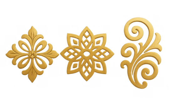 Golden ornate decorative elements set with filigree floral swirl patterns from baroque rococo style, transparent background - Powered by Adobe